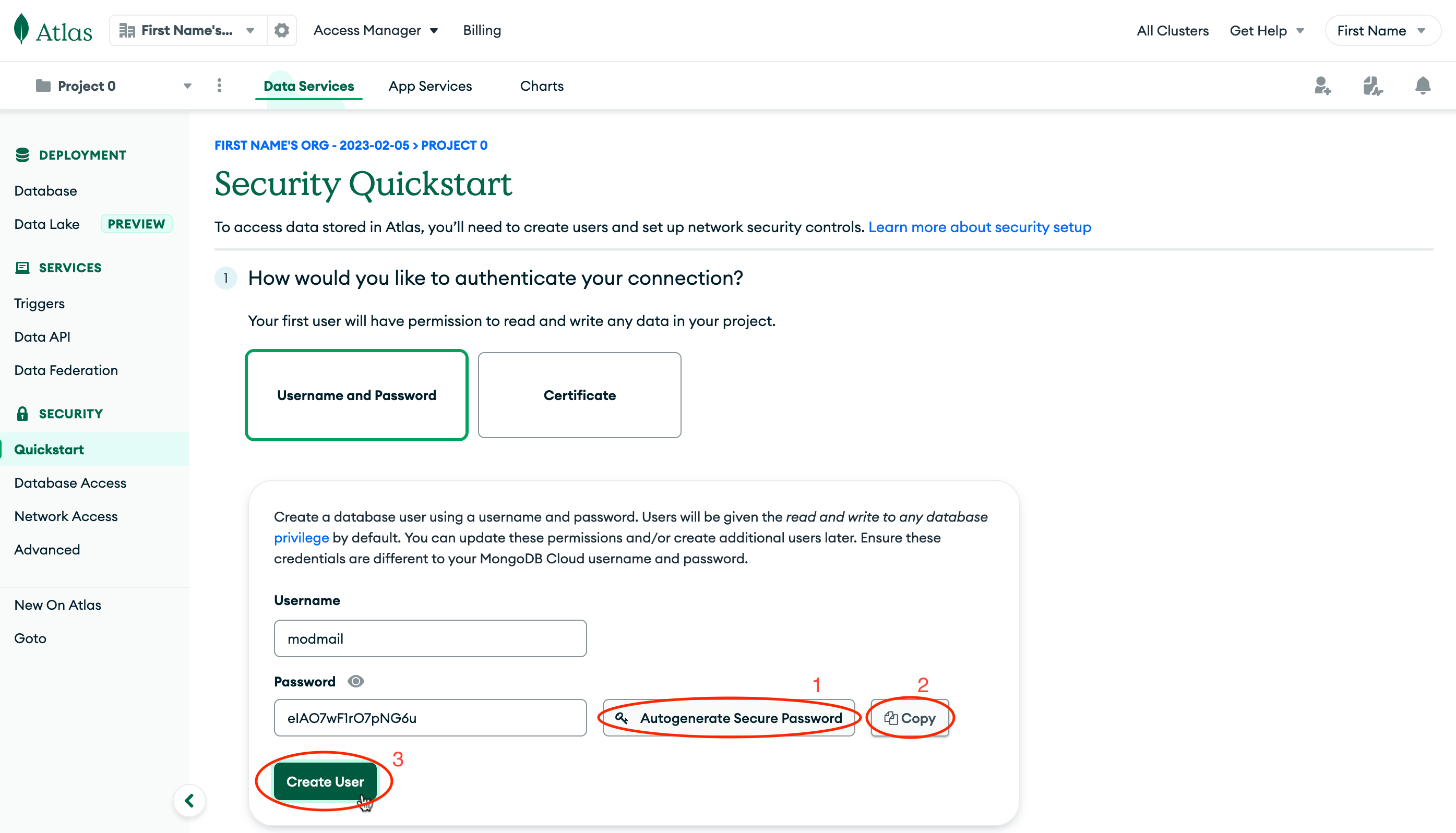 Screenshot of adding a database user, then click create user.