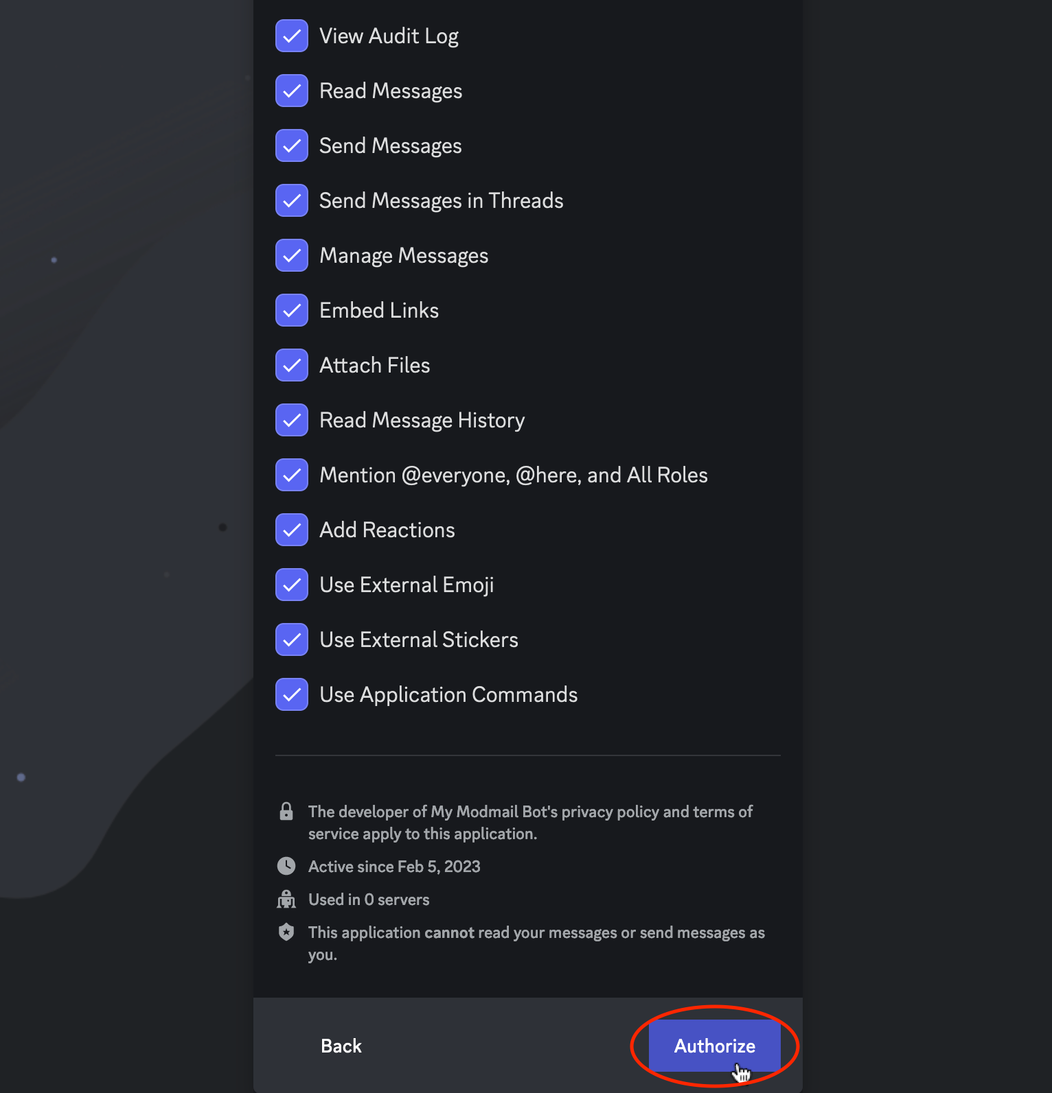 Screenshot of the Discord invite prompt second page, click authorize.