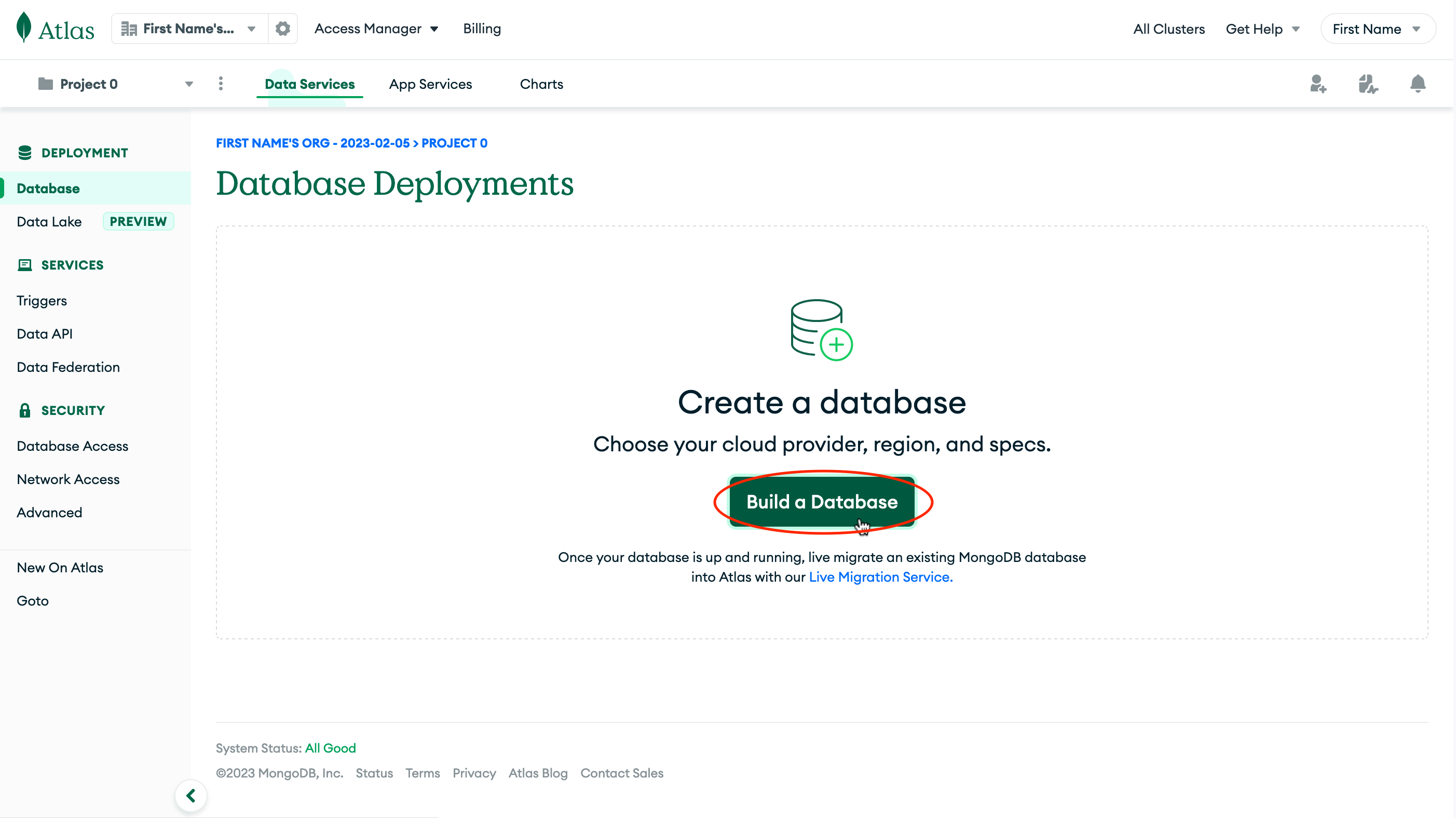Screenshot of homepage and click build a database.