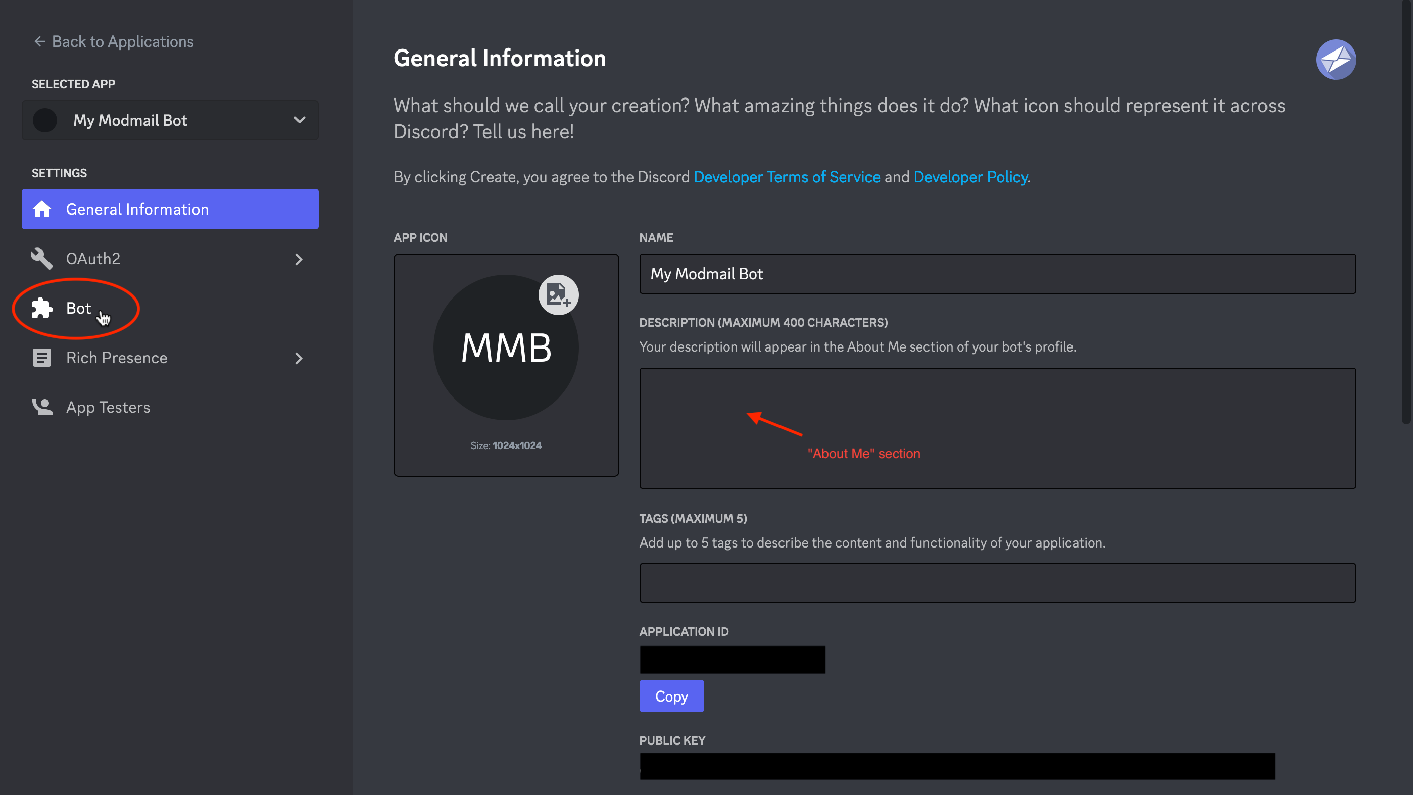 Screenshot of the general information tab, arrow pointing to the bot tab.