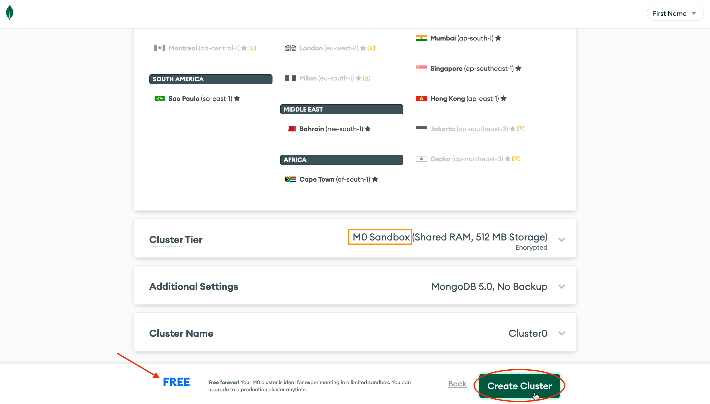 Screenshot of making sure cluster tier is set to M0 sandbox and click create cluster.