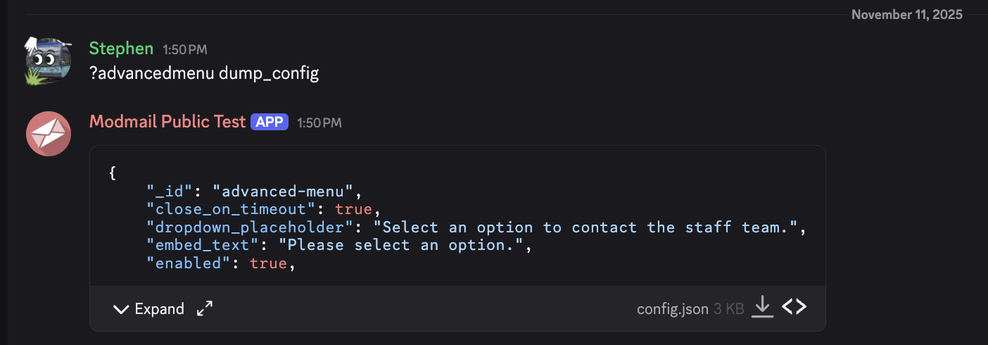 Screenshot of output of dump_config subcommand on advanced-menu