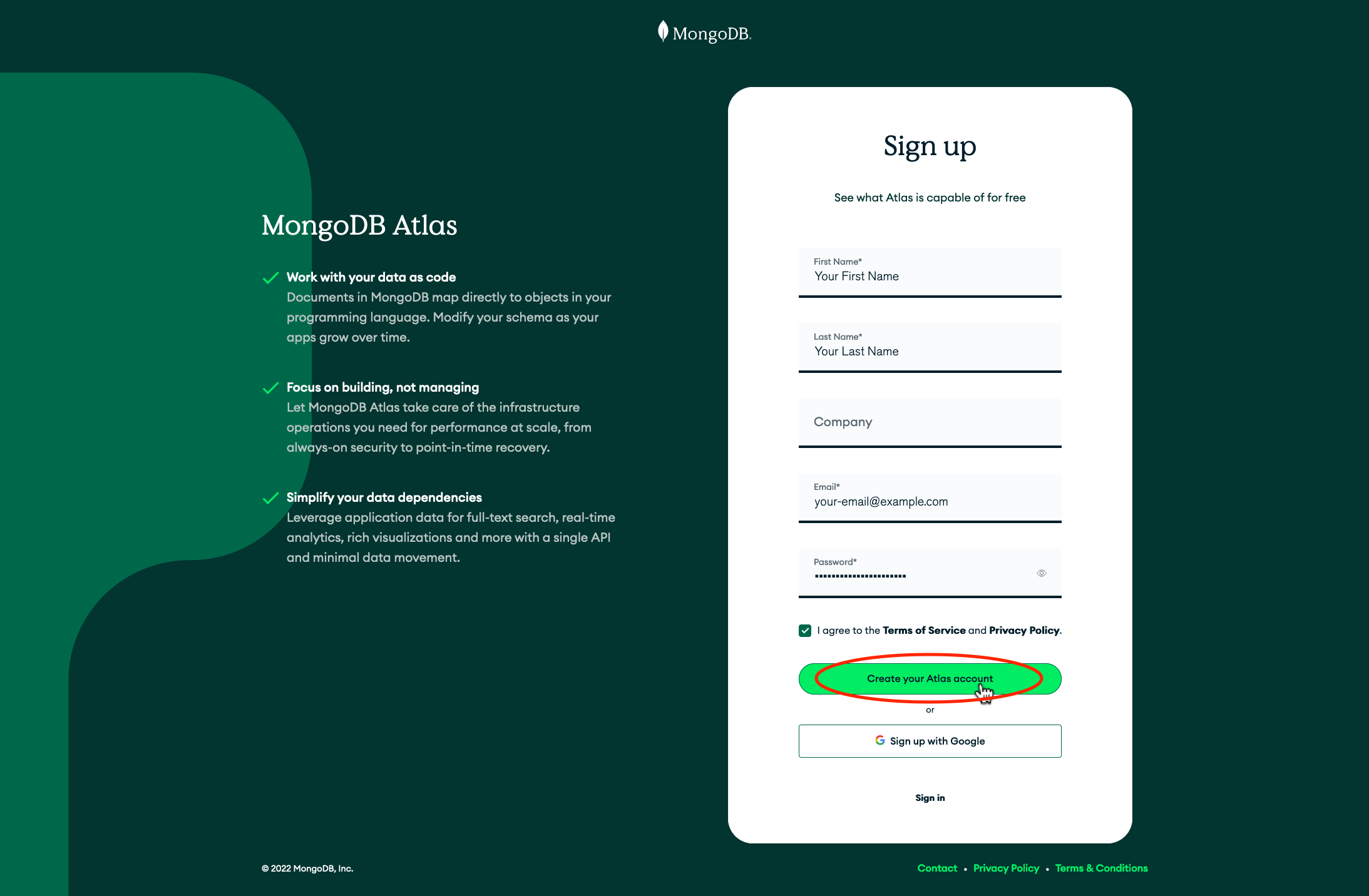 Screenshot of the sign up page for MongoDB Atlas. Fill all info and click create your Atlas account.