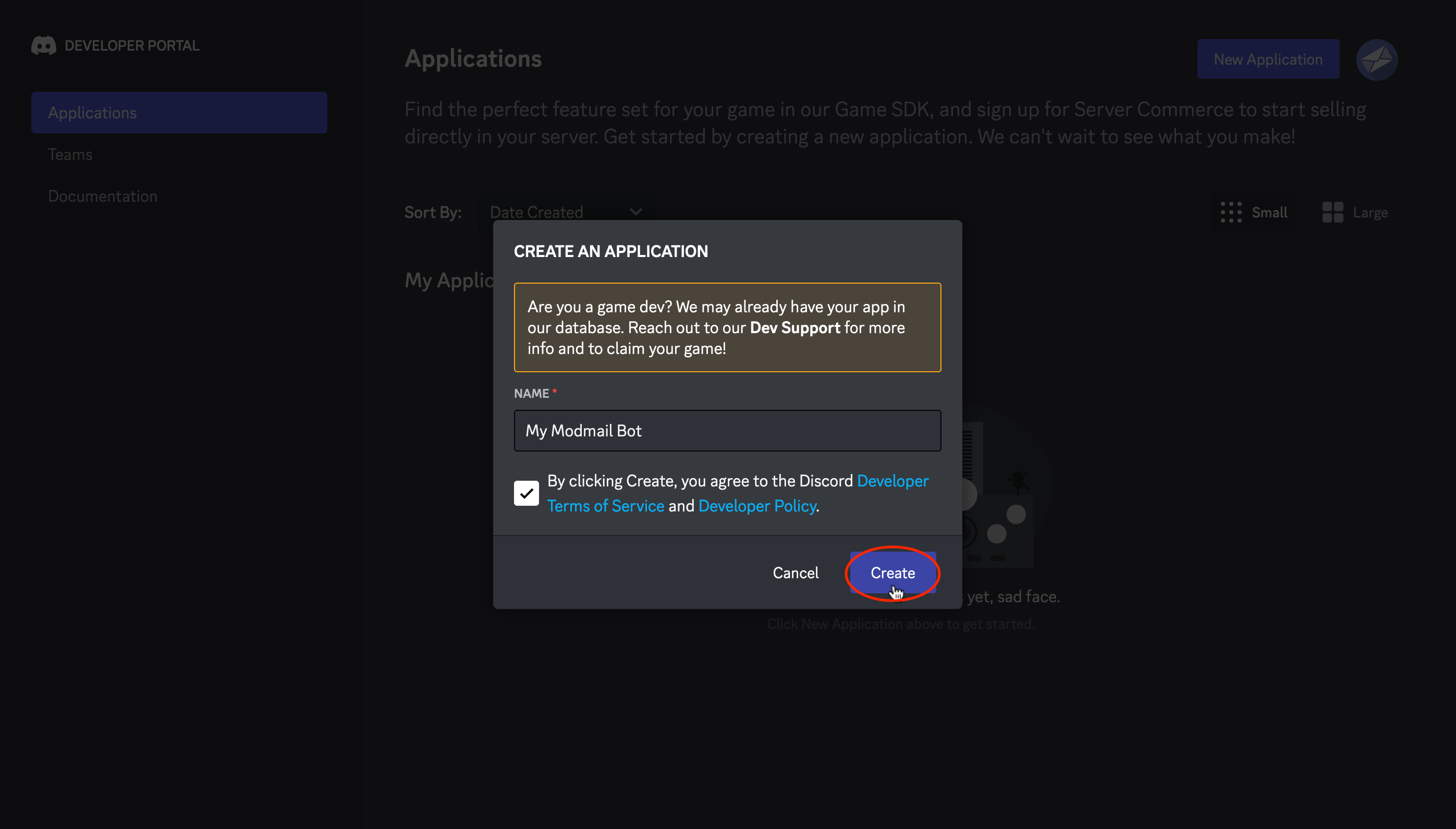Screenshot of the application creation confirmation page.